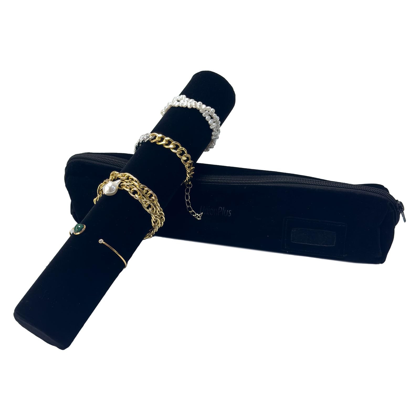 UnionPlus Velvet Jewelry Roll Bag for Brackets Bangles Watches, Large, Black