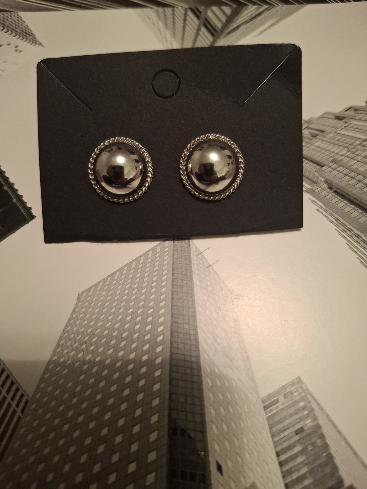 Carla Sterl. Silver Dome Stud Rope Bezel Minimalist Modernist Pierced Earrings