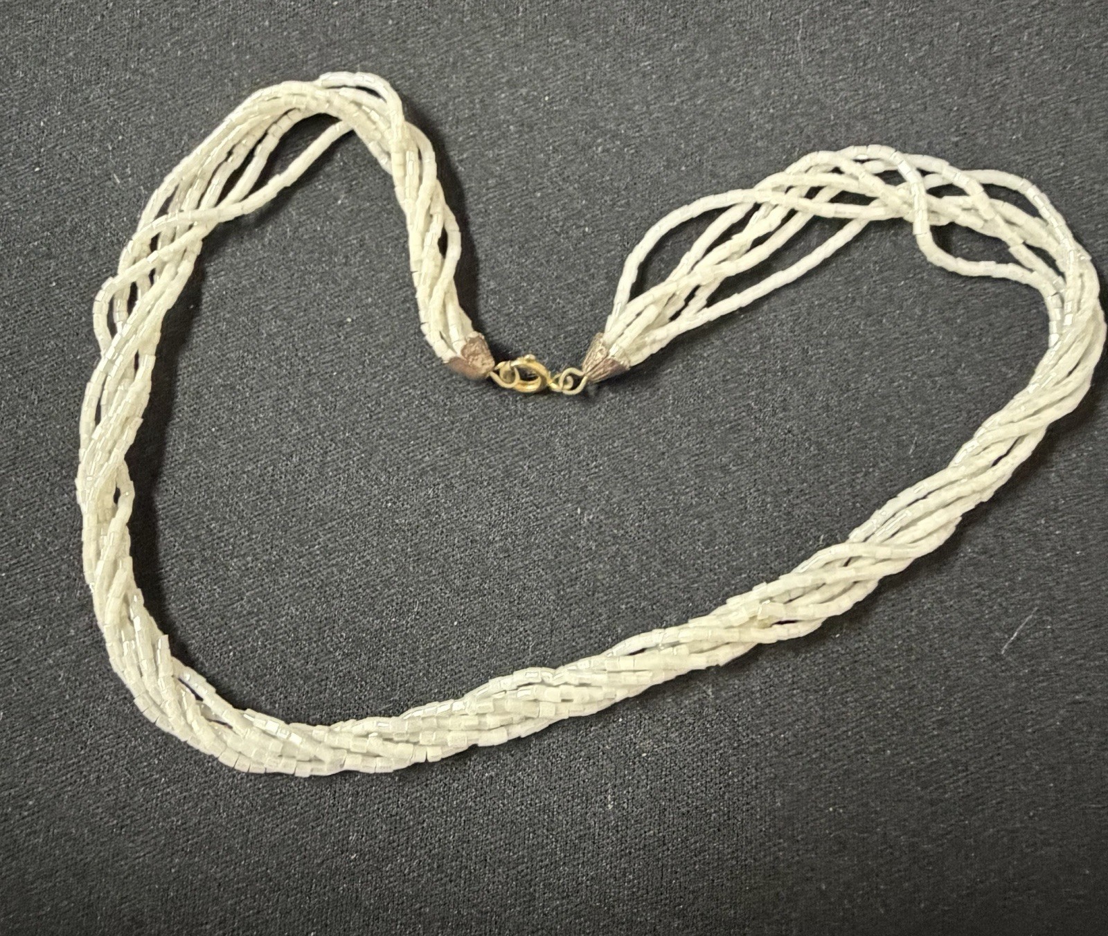 Vintage 15” White Seed Multi Strand Seed Bead Torsade Necklace/braceletGold Tone