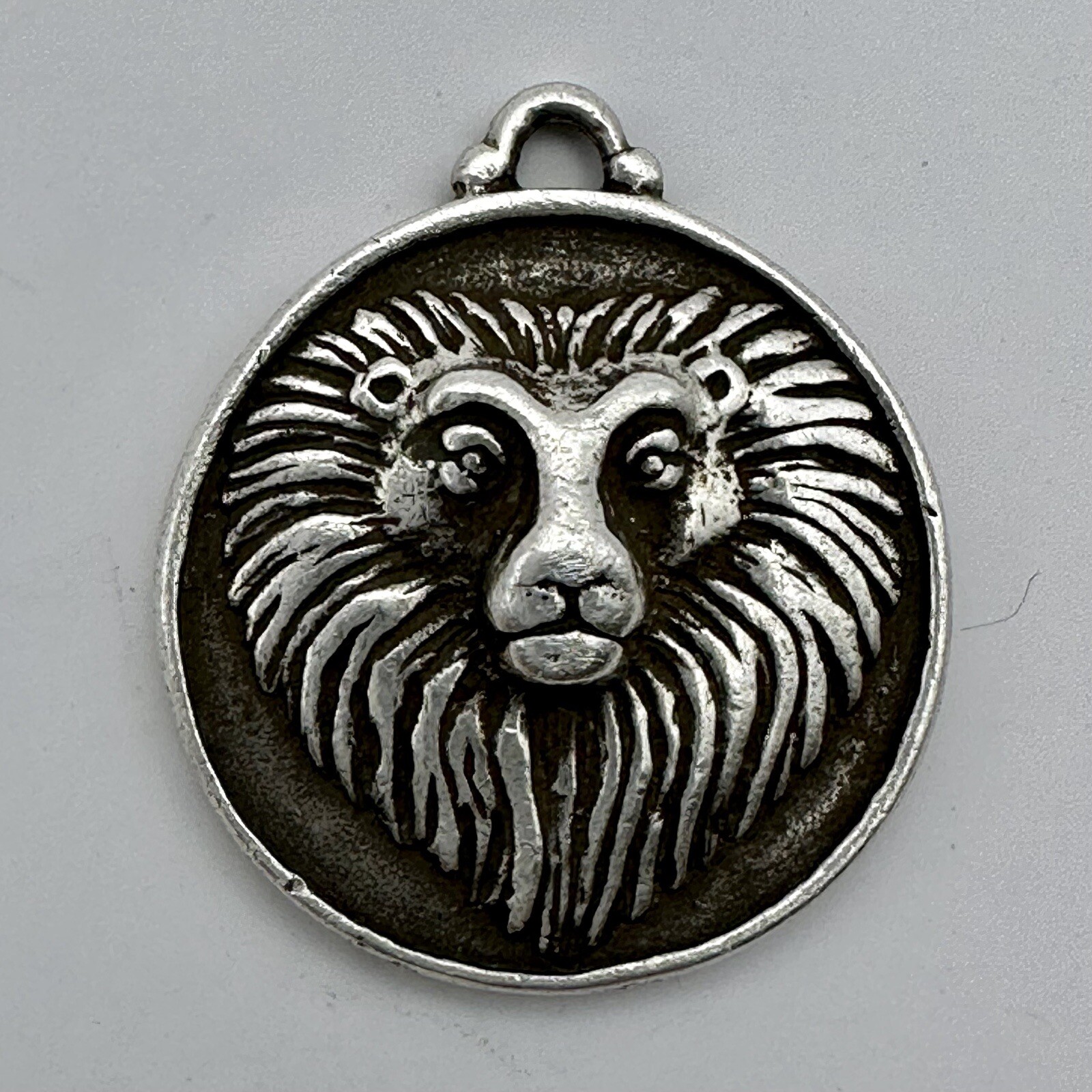 Lion Face Pendant Double Sided Courage Sun Wings Head Round Leo Sterling Silver