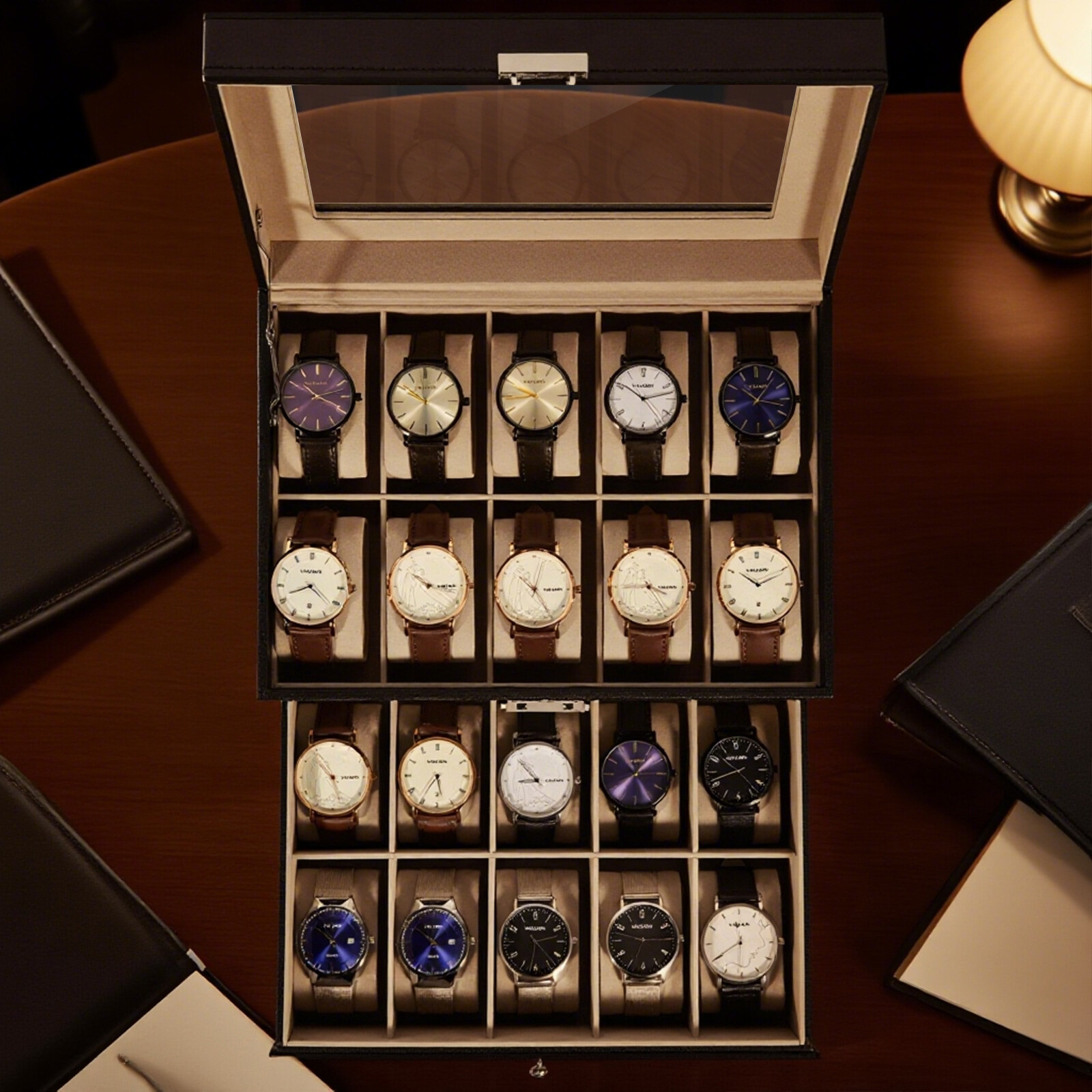 20-Slots Watch Box Case 2 Layers Watch Jewelry Holder Organizer Storage Display