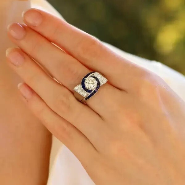 2 ct Round Baguette Created Diamond & Sapphire 14k White Gold Fn Engagement Ring