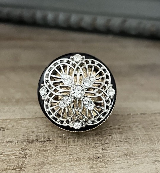 Black Silver Gold Clear Crystal Open Work Round Statement Stretch Cocktail Ring