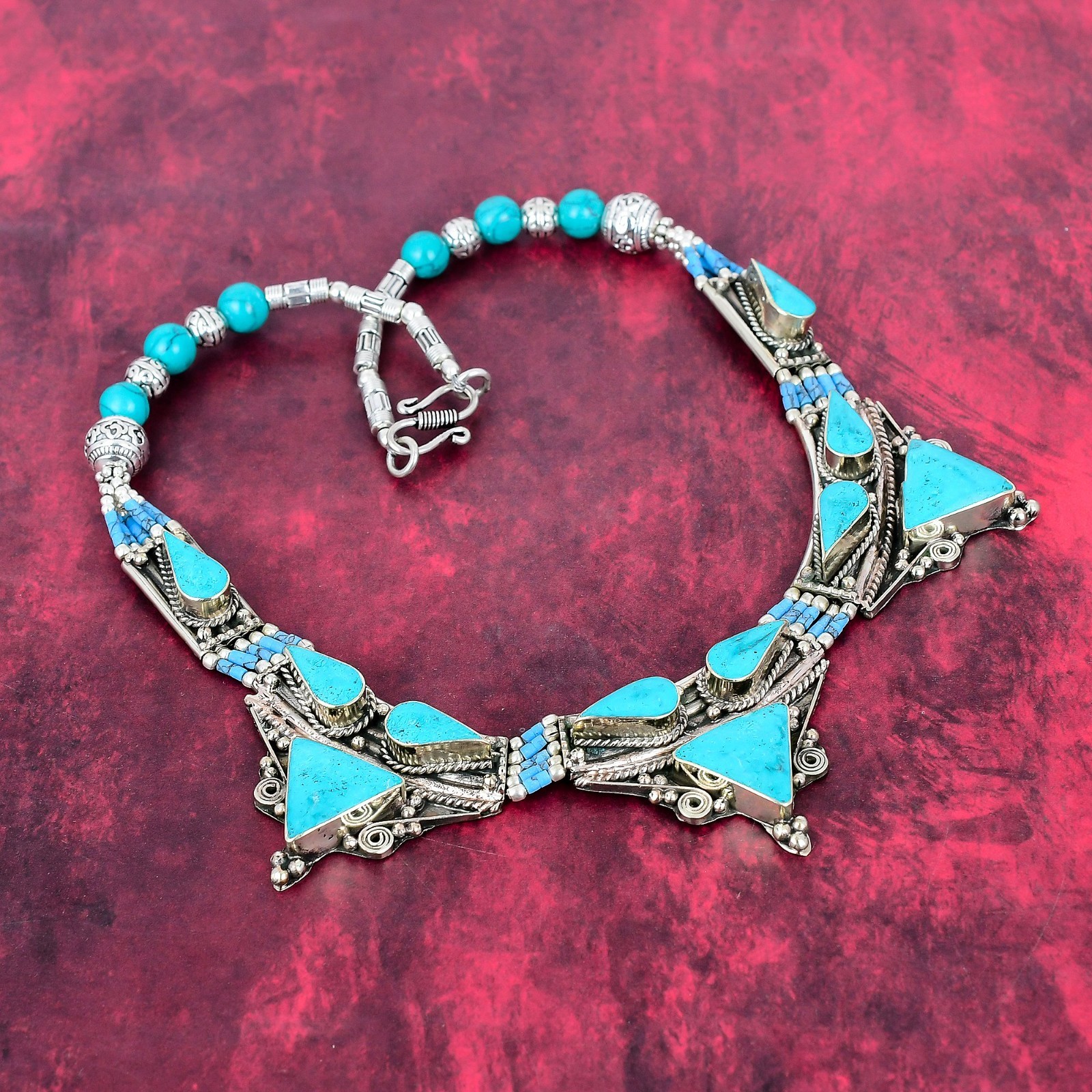 Tibetan Turquoise Gemstone Handmade 925 Sterling Silver Nepali Jewelry Necklace