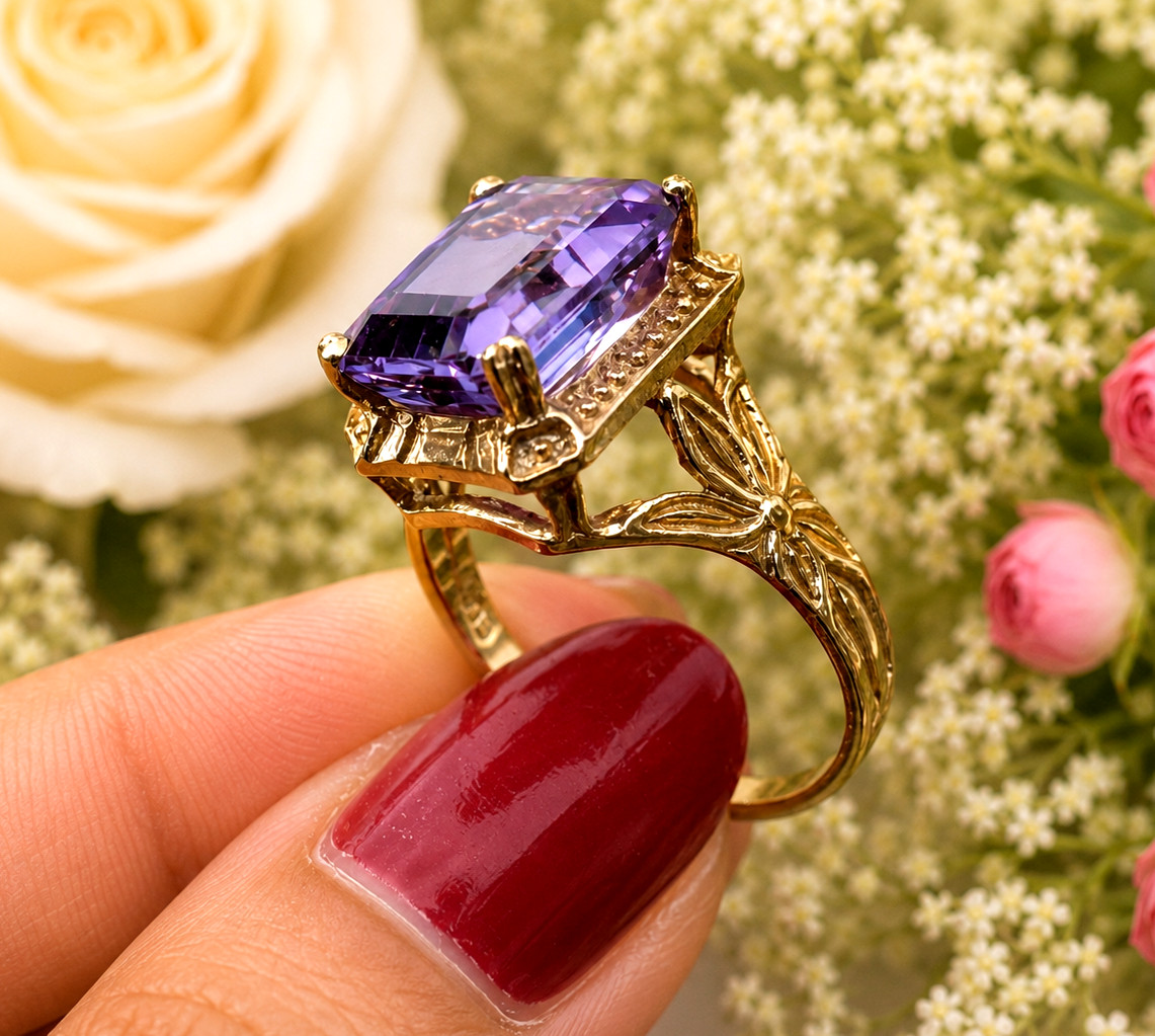 4Ct Emerald Cut Lab Created Amethyst Halo Engagement Ring 14K Yellow Gold Plated