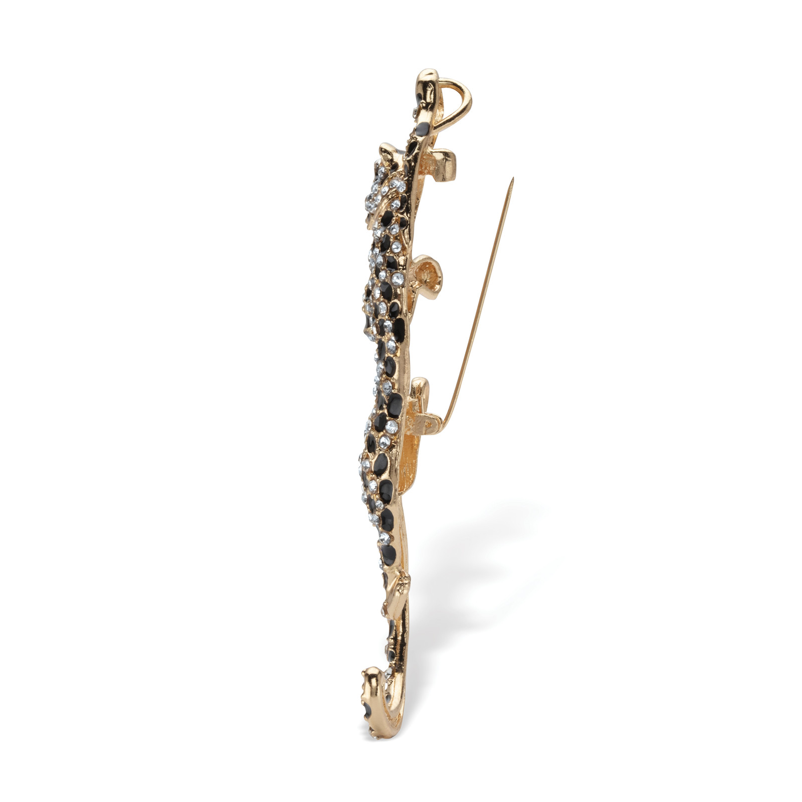 Black With White & Green Crystal Leopard Pin Goldtone 4″ Length