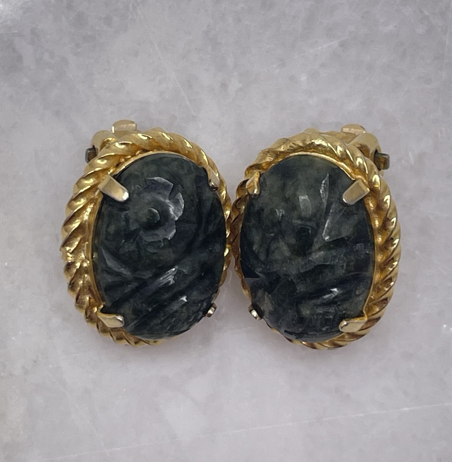Vintage Burt Cassell Brooch Clip Earrings 12K Gold Filled Carved Green Stone