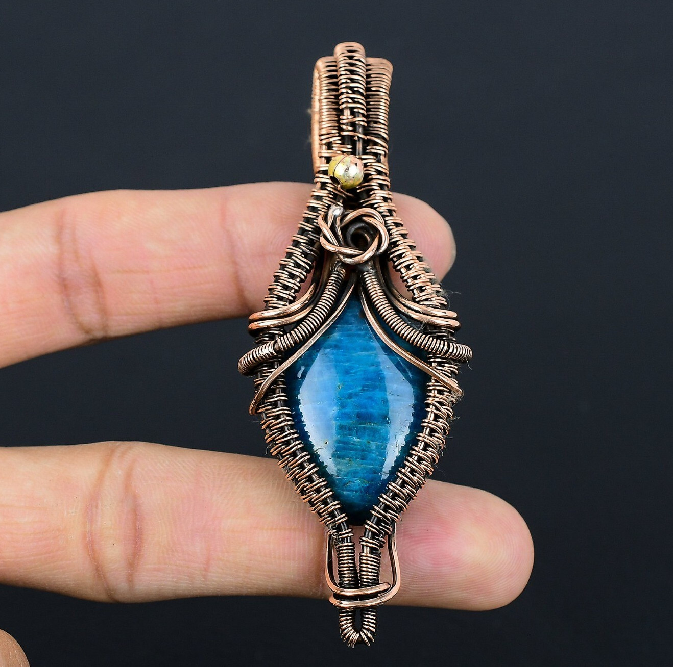 Neon Blue Apatite Handmade Gemstones Copper Wire Wrapped Jewelry Pendant