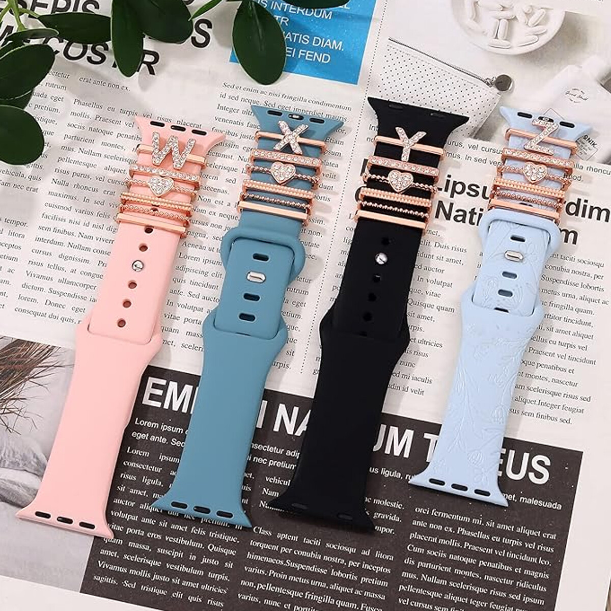 For Apple Watch Silicone Band Metal Charms Decorative Rhinestone Letter Ornament