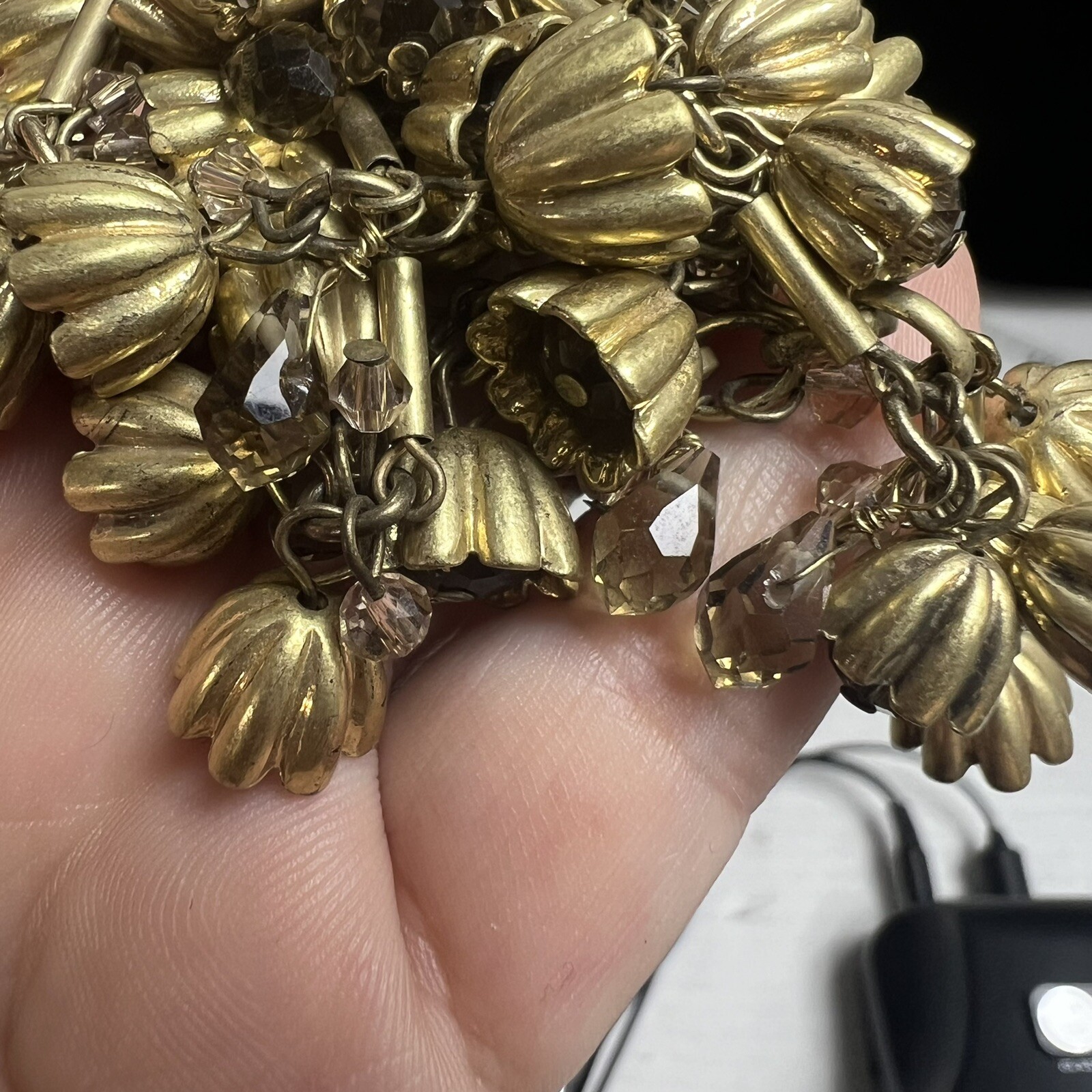 Ann Taylor Crystal Floral Drop Tiered Necklace Antique Gold Tone Flower Bells