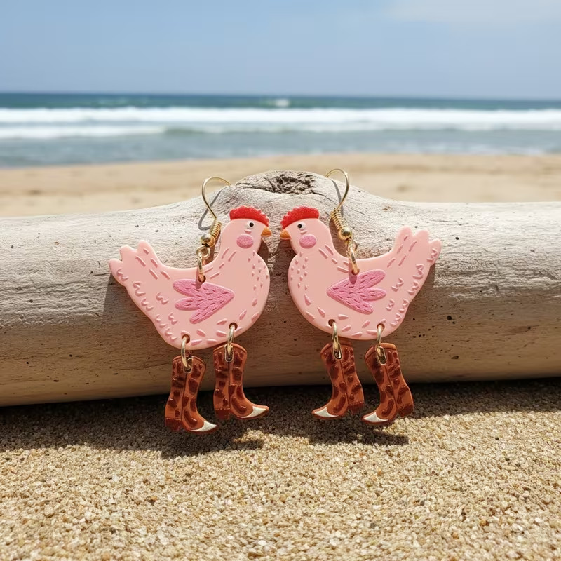 Bid for a Cause! Pink Chicken Cowboy Boot Earrings