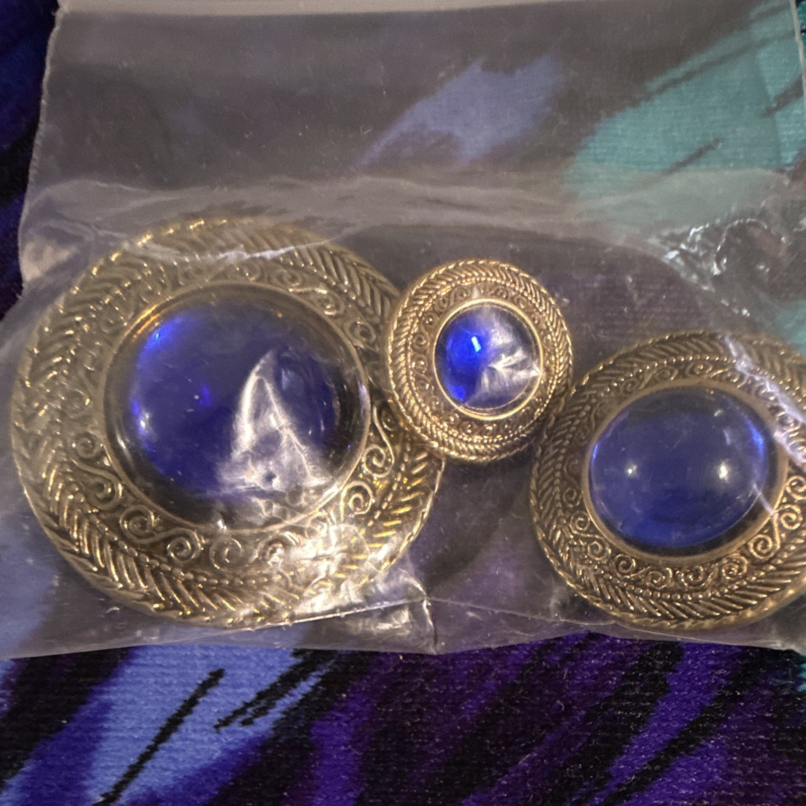 Gold Tone Blue Round Glass Stud Earrings, Textured Metal Setting, Lobe