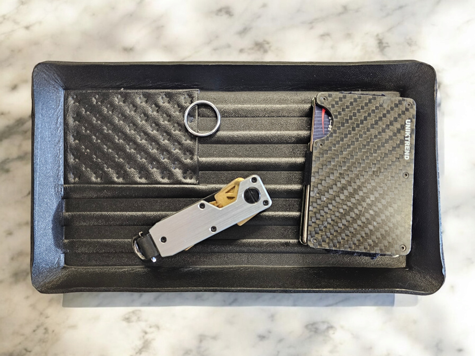 Leather valet tray. Formed leather, American flag , organizer, catchall tray