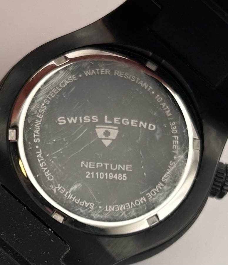 Swiss Legend Neptune Men’s Black Dial Black Strap Quartz Watch 48mm New Battery