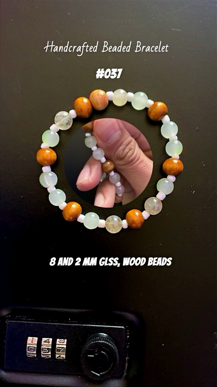 Handmade Brown/White/Green Glass & Wood Beaded Bracelet, Unisex #037