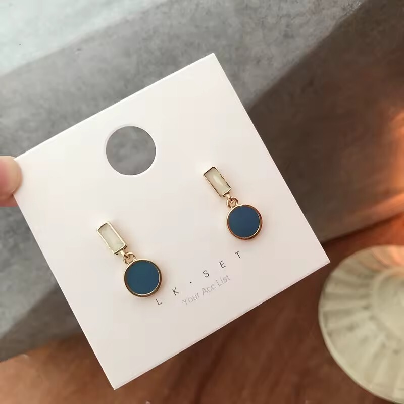 Enamel Pendant Earrings Contrast Color Blue/White/Gold, 1.75-Inch Drop