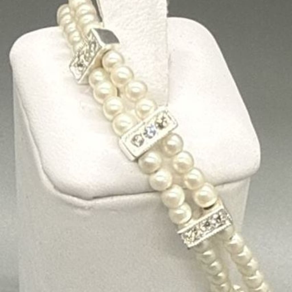 Vtg Napier Two Strand Faux Pearl Rhinestone Bar Silver Tone Bracelet Bridal 7”