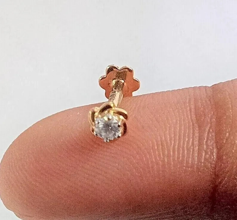 0.05 Ct Round Cut Lab Grown Diamond Nose Piercing Stud Pin 14K Yellow Gold