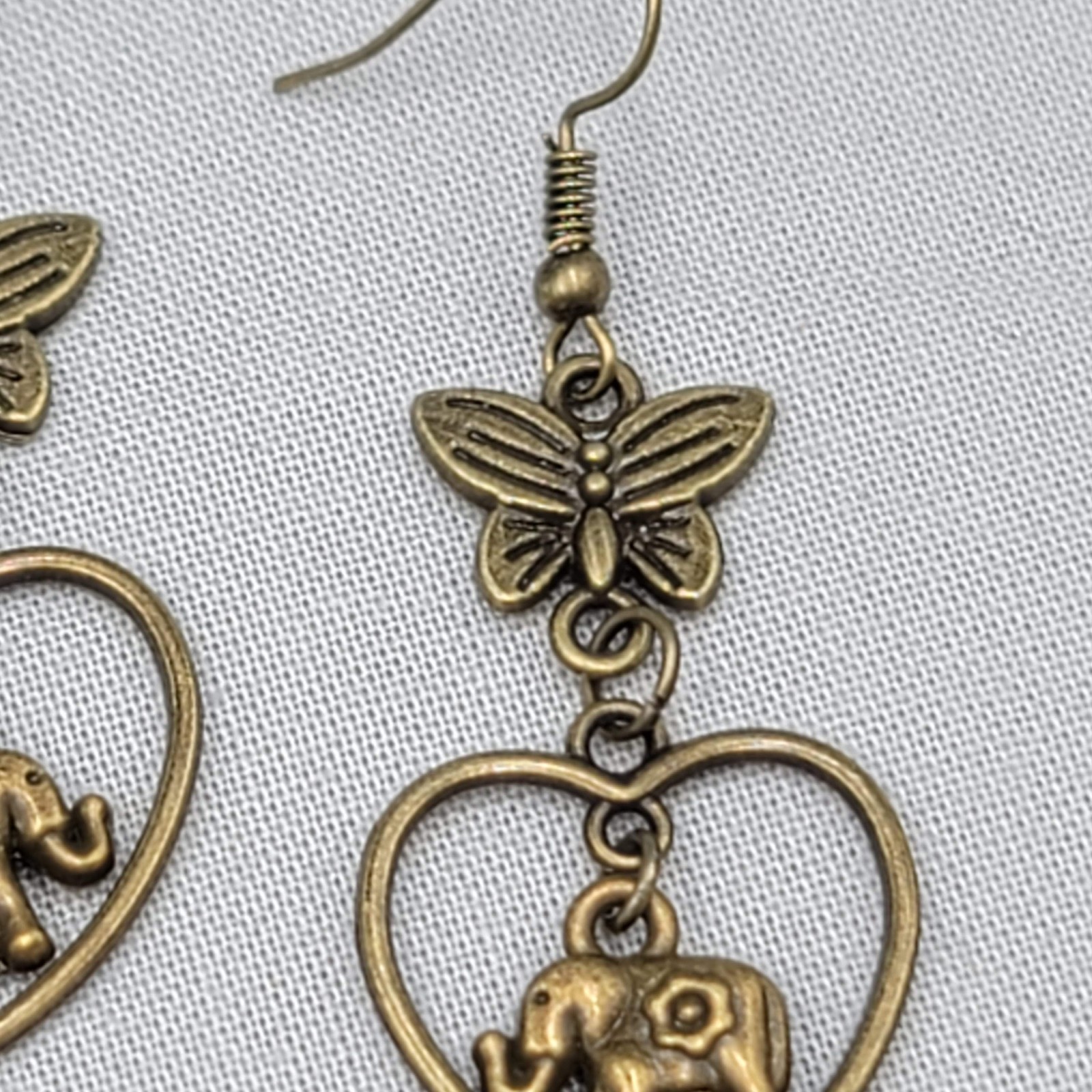 Butterfly Heart Elephant Pierced Earrings Bronze tone Dangle