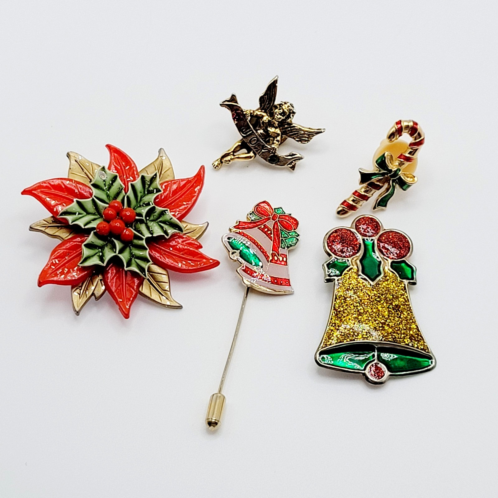 5 Christmas Vintage Brooch Pin Spinning Poinsettia Cherub Angel Bells Candy Cane