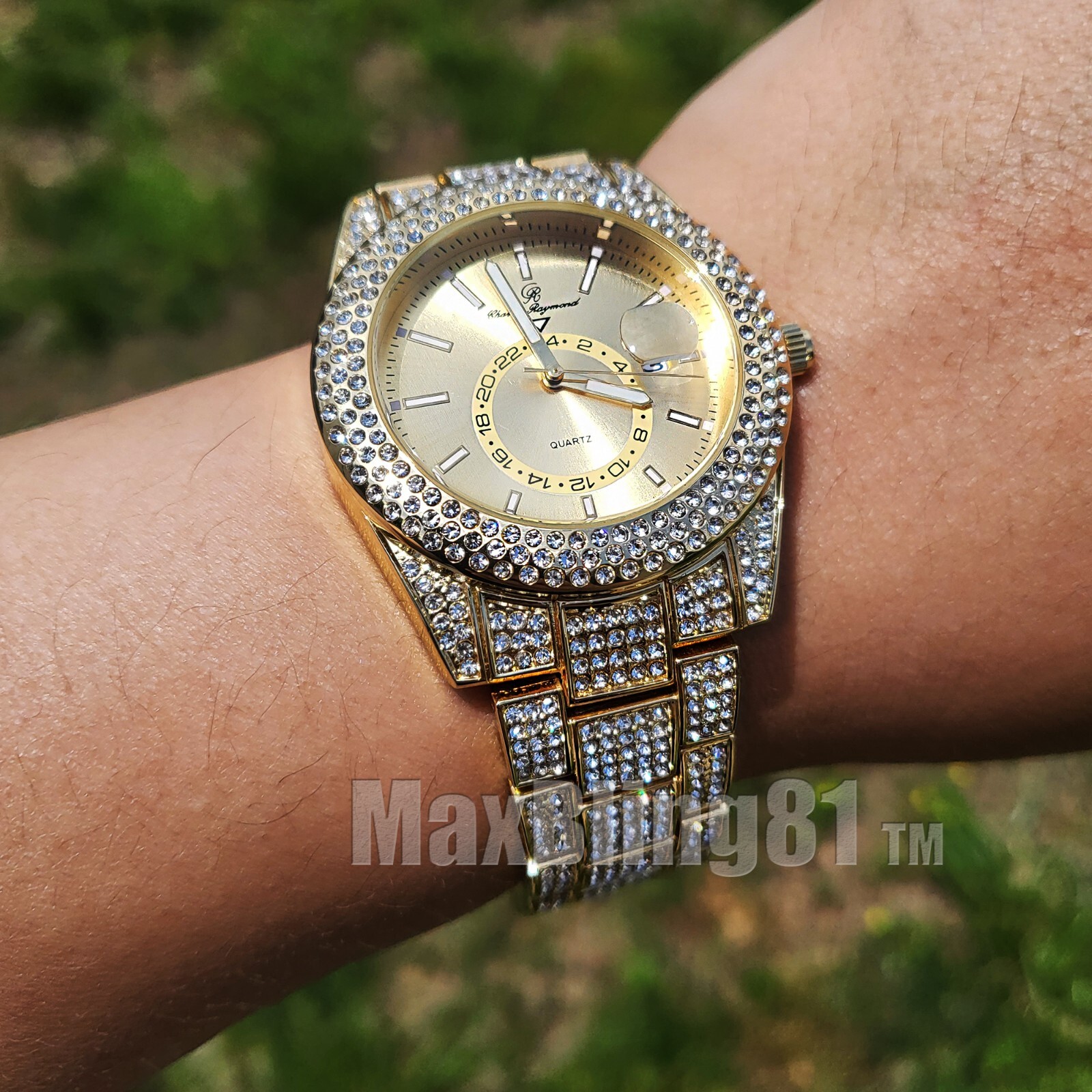 Men Hip Hop Style Iced Bling Gold PT Rapper’s Lab Diamond Date Metal Bling Watch