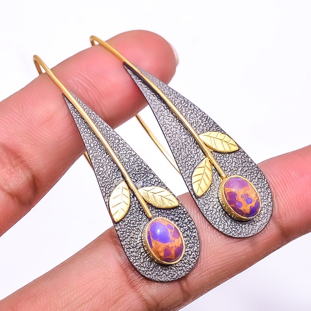 Copper Purple Turquoise 925 Silver Black&Gold Plated Handmade Earring 2.15″