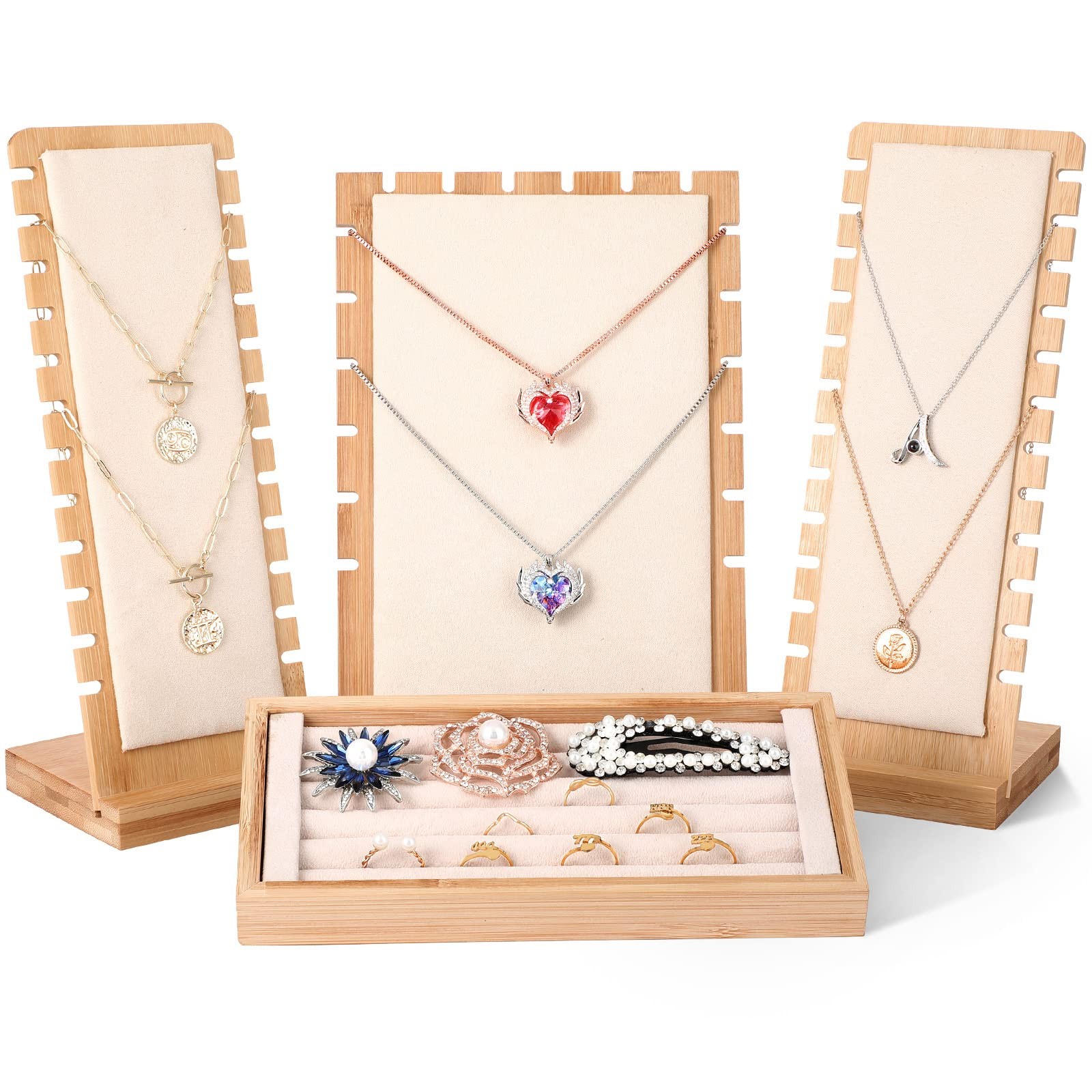 4 Pcs Necklace Display Stand Bamboo Jewelry (11.02 x 7.87 x 2.75 inches, Beige)