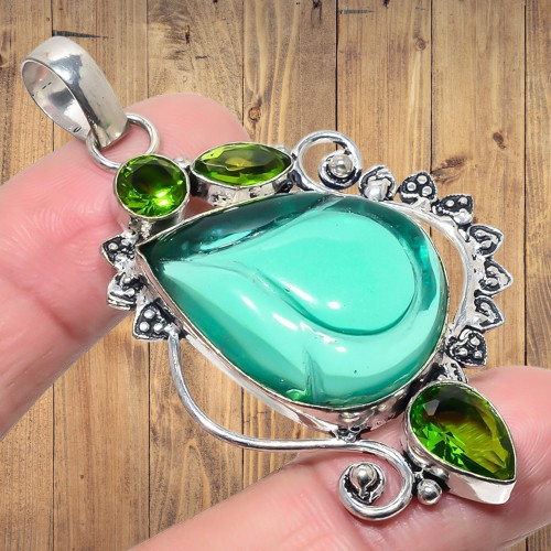 Aqua Apatite, Peridot Gemstone Ethnic Jewelry Pendant 2.60″