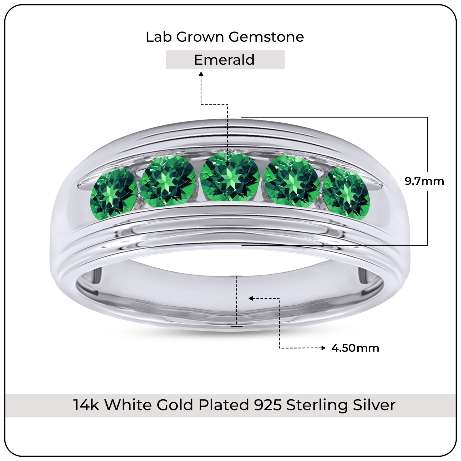 1 Ct Men’s 5 Stone Band Ring Emerald Lab Grown Gemstone 10K or 14K or 925 Silver