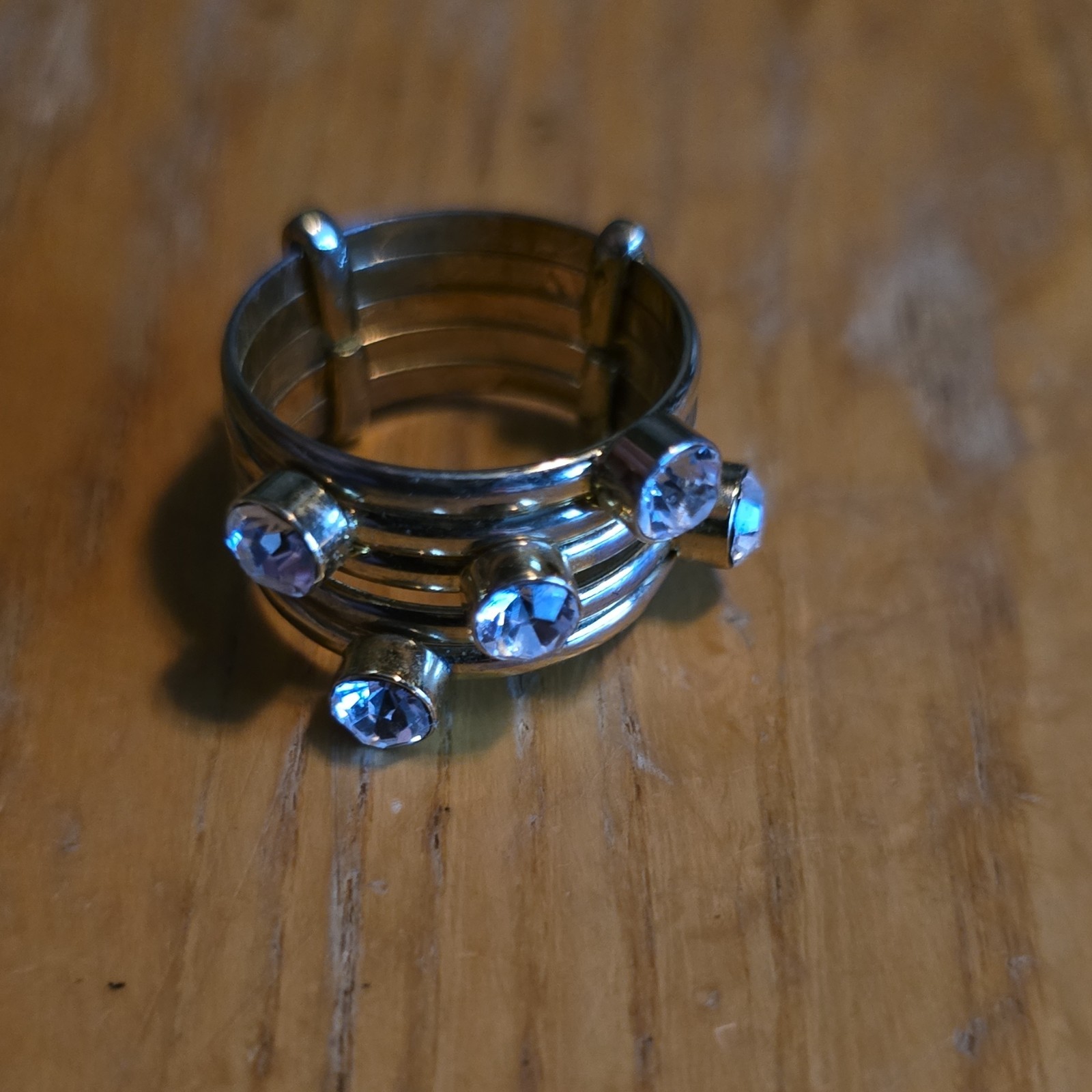 Silver Tone Adjustable Metal Band Cocktail Ring Size 10.5 Round Blue Crystals