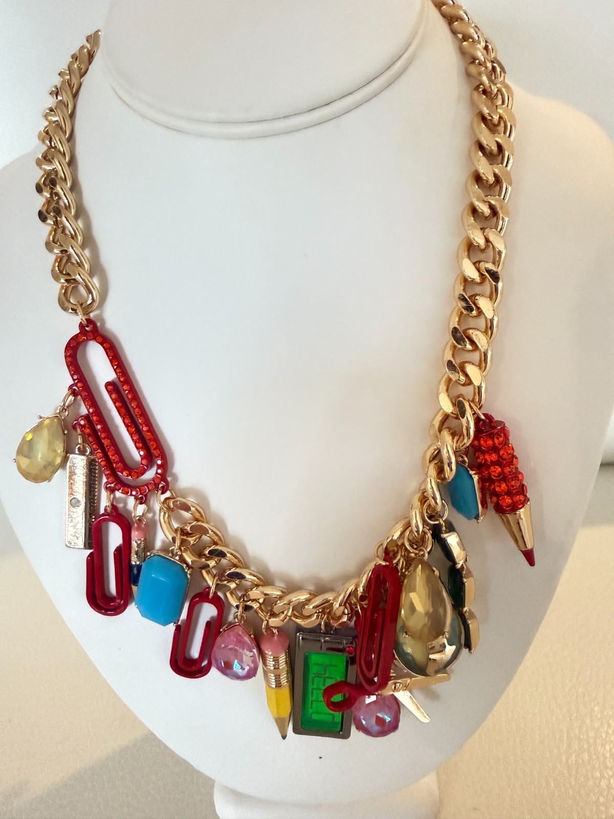 NWT Betsey Johnson Back To School Charm Statement Necklace Teacher Gold Tone