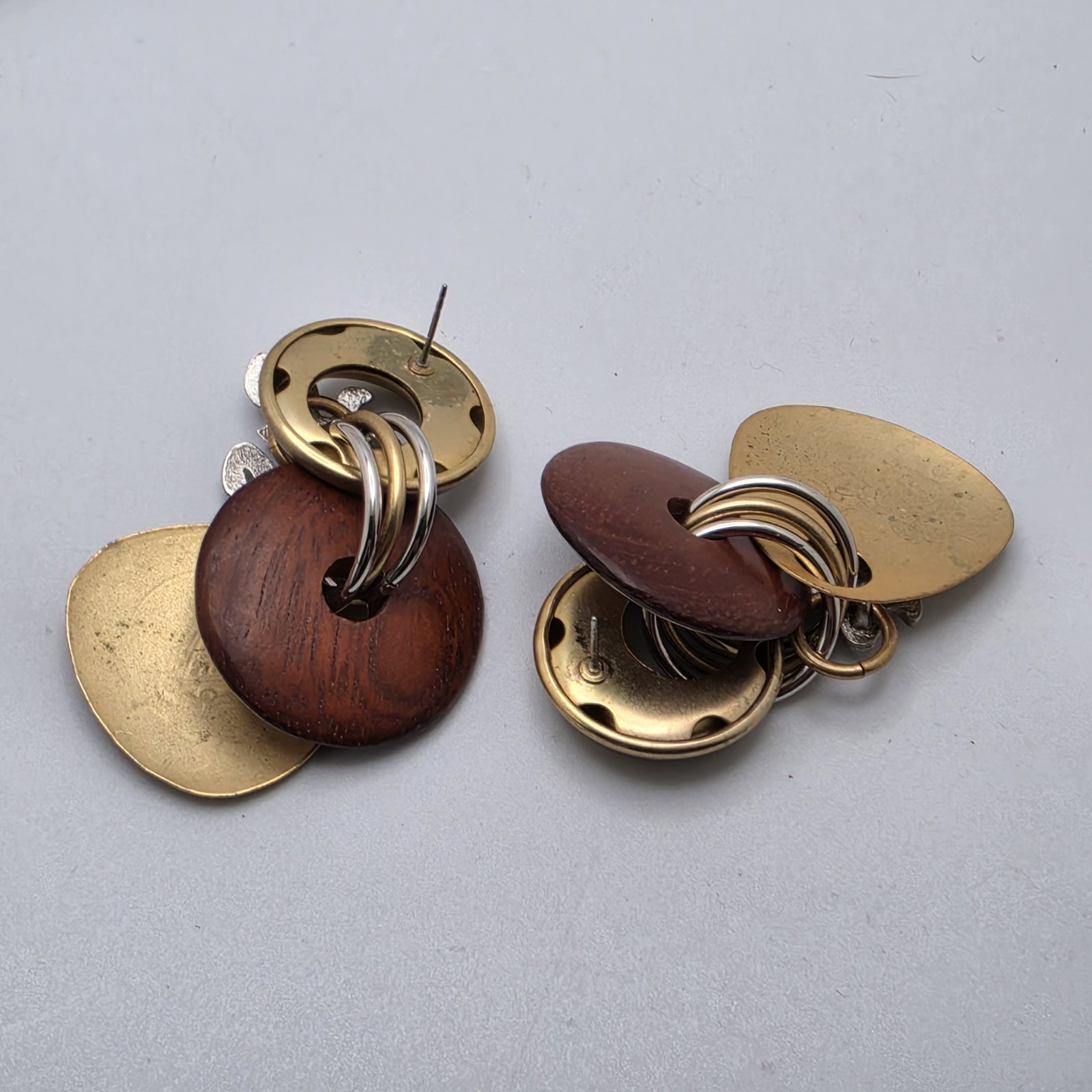 Boho Frog Earrings Mixed Media Statement Drop Gold Silver Tone Pierced 1 1/8″
