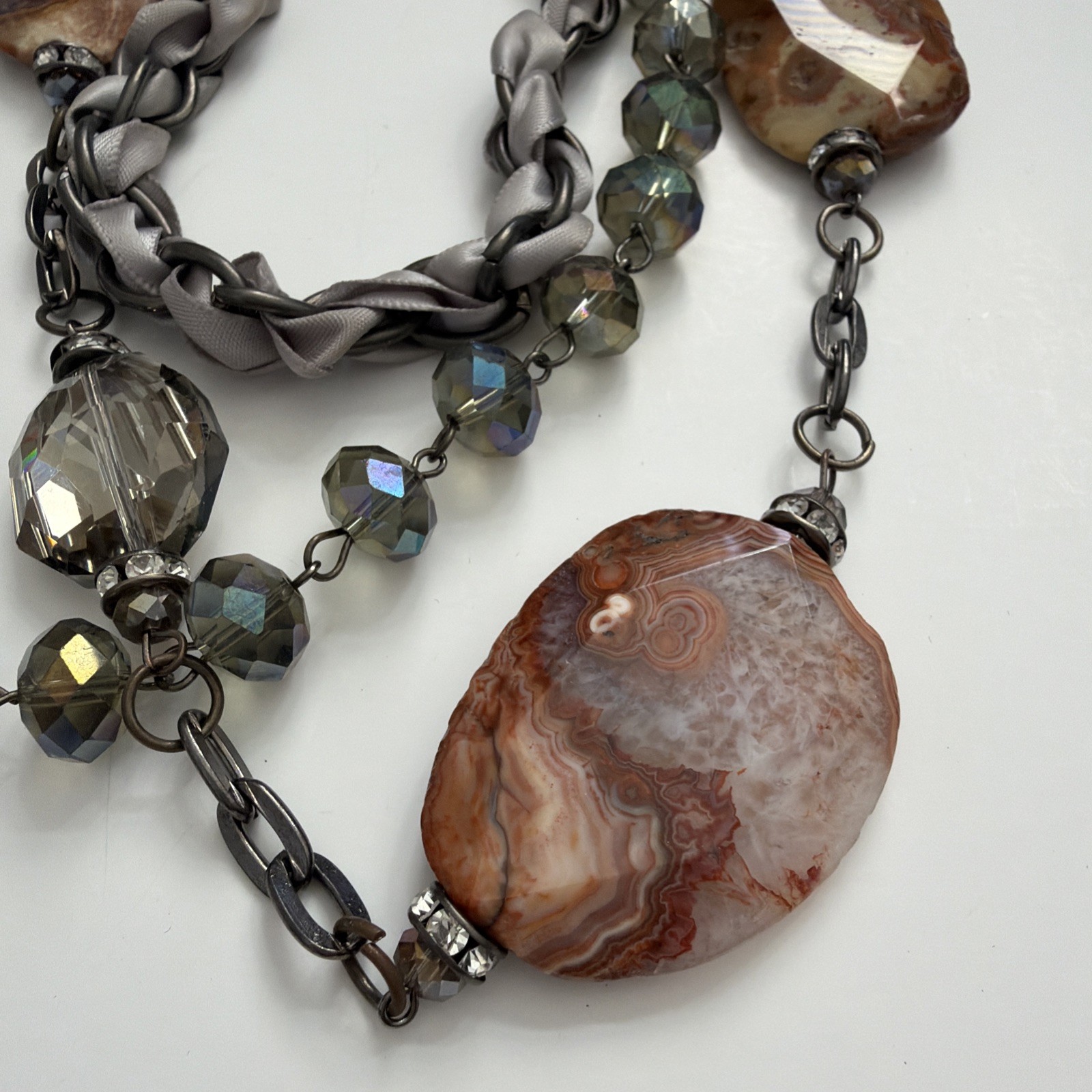 Vintage Cookie Lee Multi Strand Statement Necklace Agate Crystal Gunmetal Gray