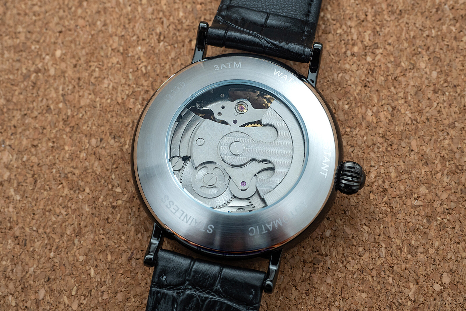 Mens Dual Time Flywheel Skeleton Automatic Mechanical Watch Black Leather Band