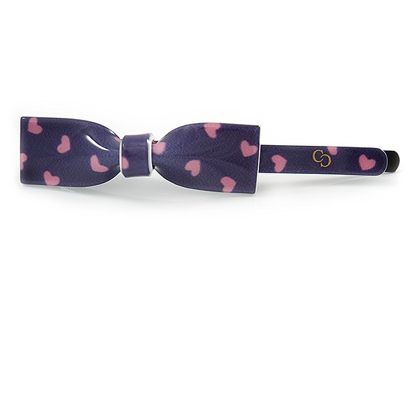 1Pcs Purple with Pink Hearts Acrylic Bow Hair Grip/ Slide In Black Tone Metal –