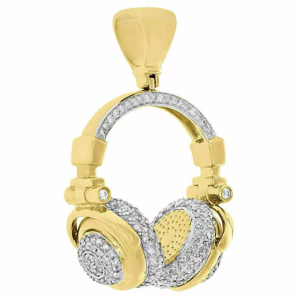 10K Yellow Gold Finish 3D DJ Headphones Diamond Pendant 1.50″ Mens Charm 1 Ct.
