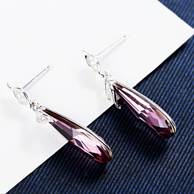 S925 Sterling Silver Made With SWAROVSKI Crystal Long Oval Amethyst Earrings