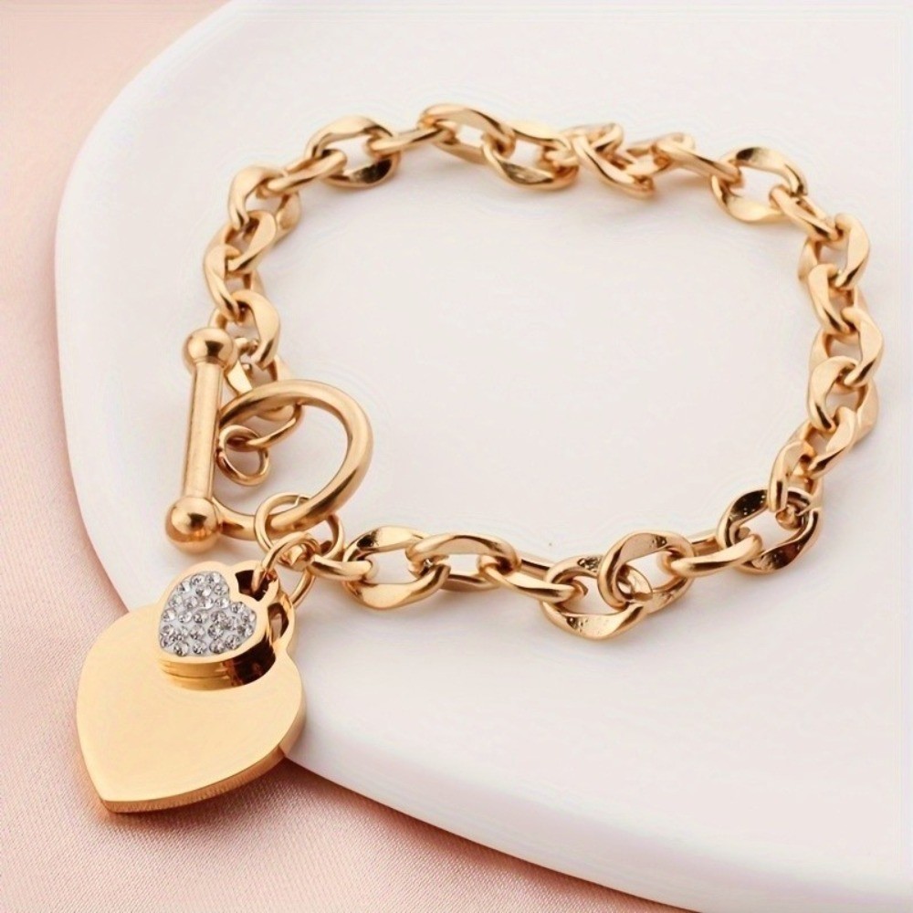 Women’s Heart Inlay Rhinestone Pendant Bracelet OT Buckle Titanium Steel Bracele