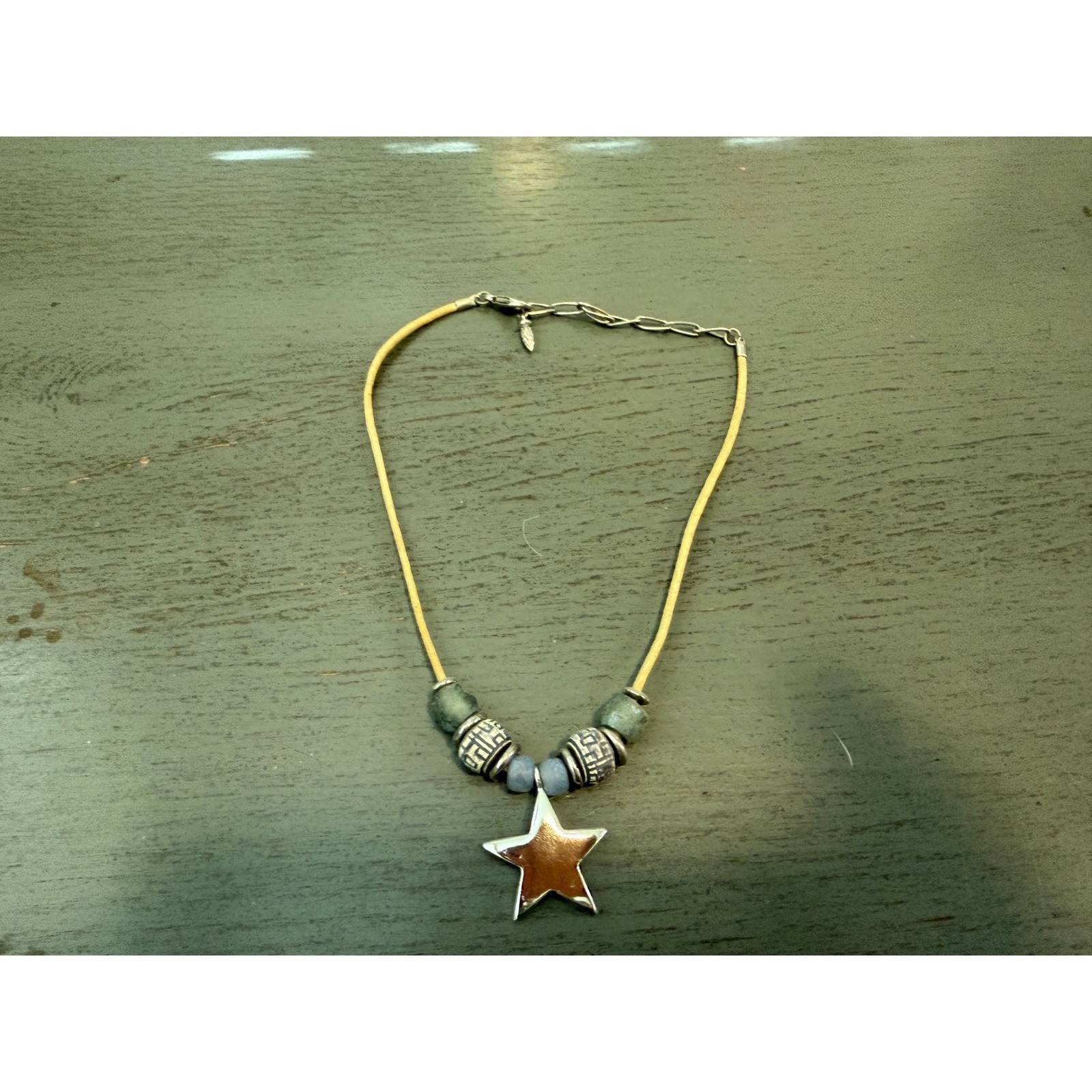 Vintage Boho Star Pendant Necklace Ceramic Glass Beads Tan Cord Adjustable