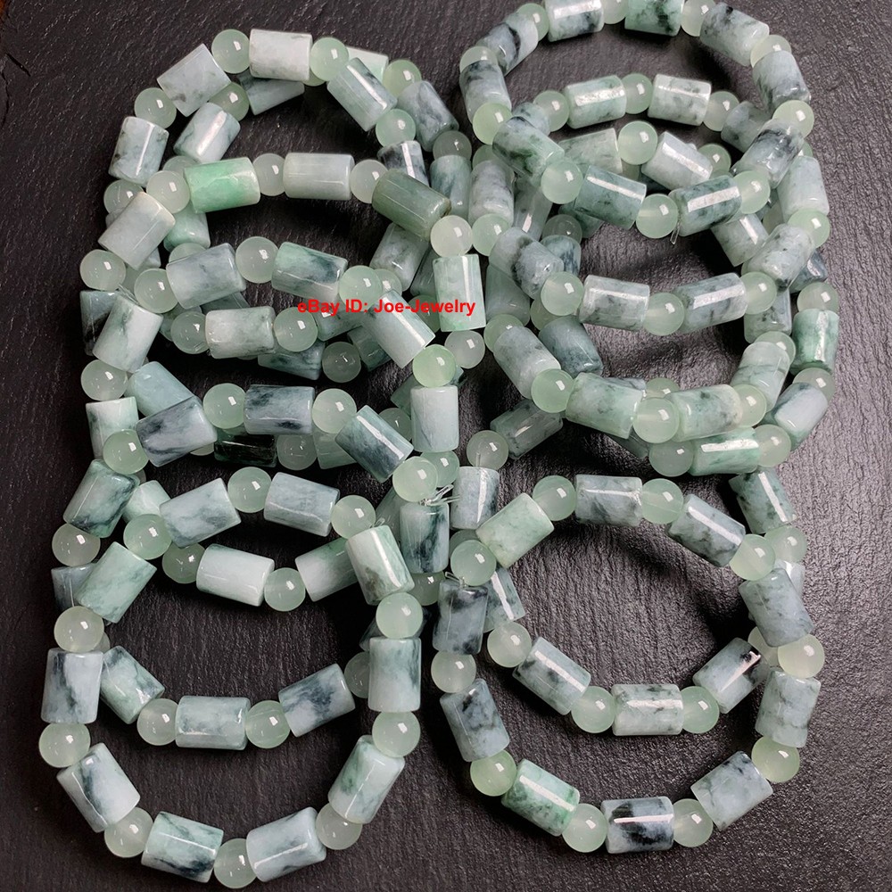 Natural Jadeite Stretch Bracelet Grade A Jade 8.7mm Tube Bead Spacers Bracelet