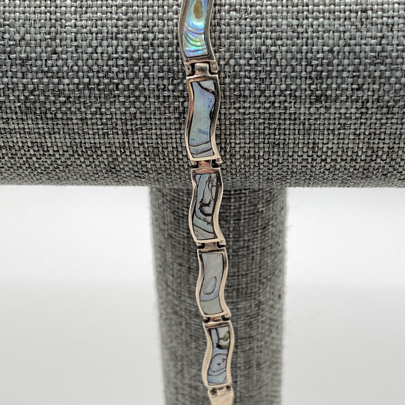 925 Sterling Silver Bracelet Blue Green Abalone Shell Inlay Wavy Link Vtg 7.25”