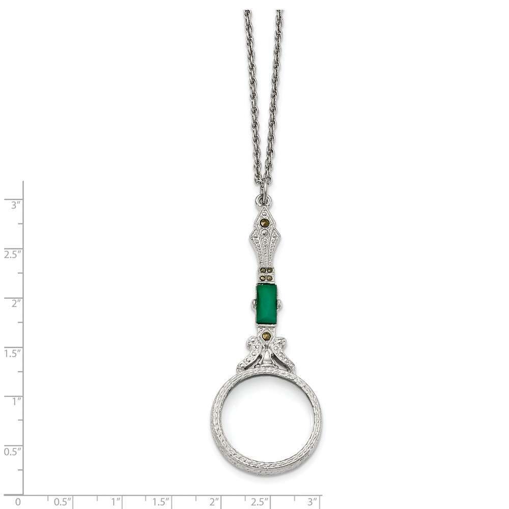 1928 Jewelry – Silver-tone Hematite & Green Glass Magnifier 28in Necklace