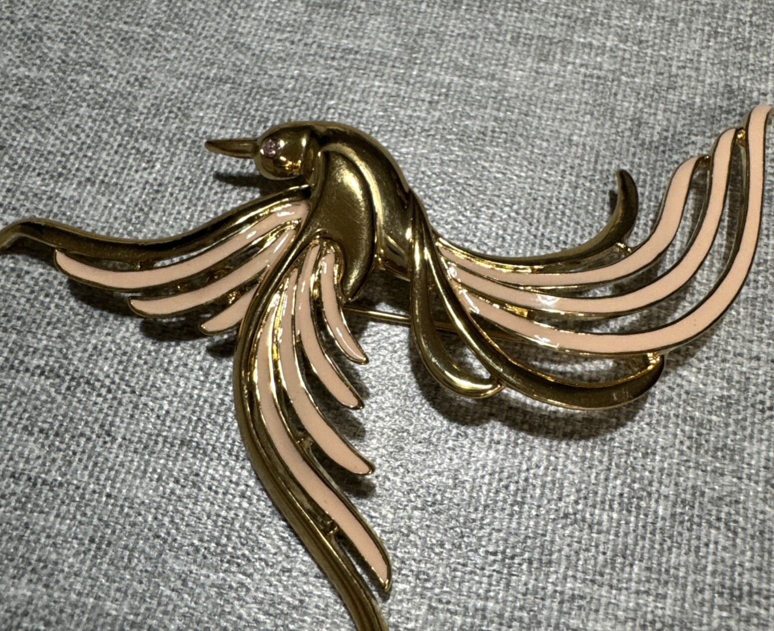 Vintage Trifari 1980s Signed Gold Pink Enamel Paradise Bird Brooch Rare!