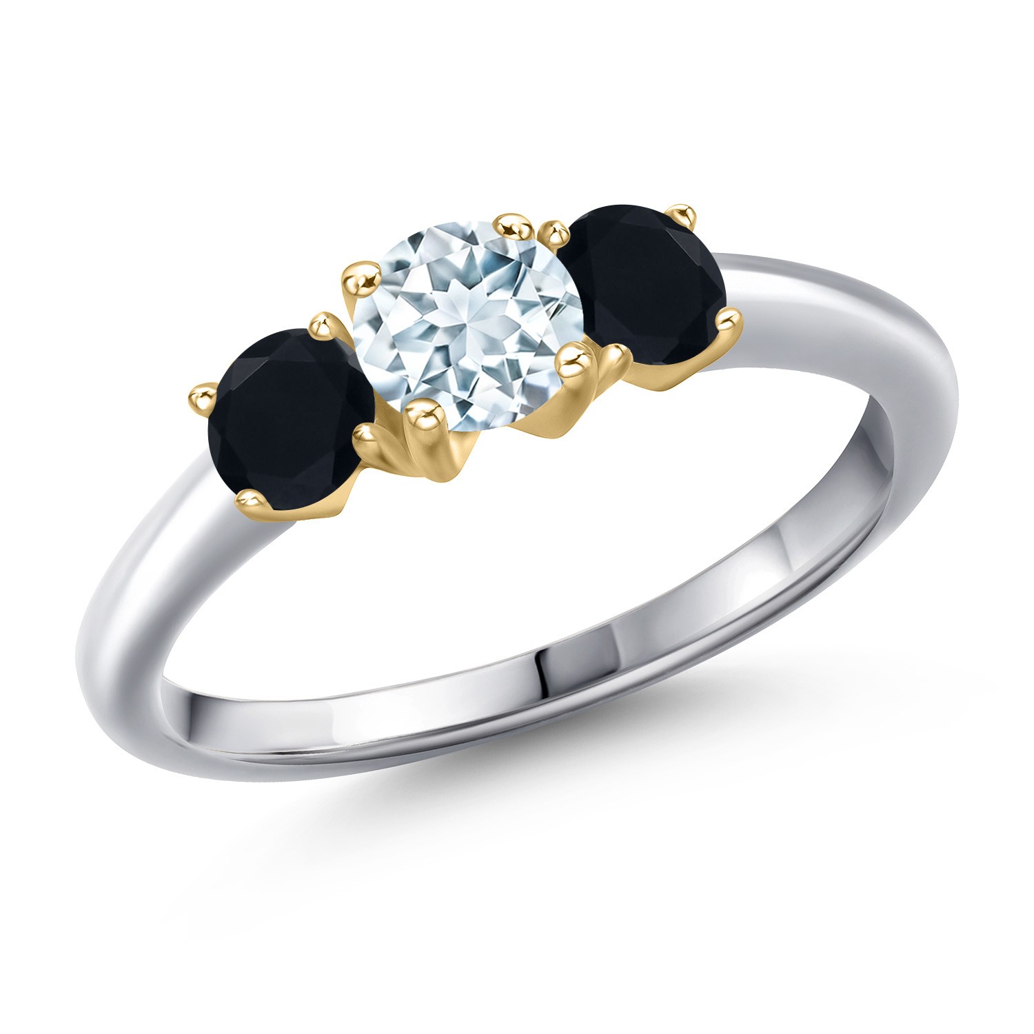 925 Silver and 10K Yellow Gold Aquamarine and Onyx Engagement Ring For Women |