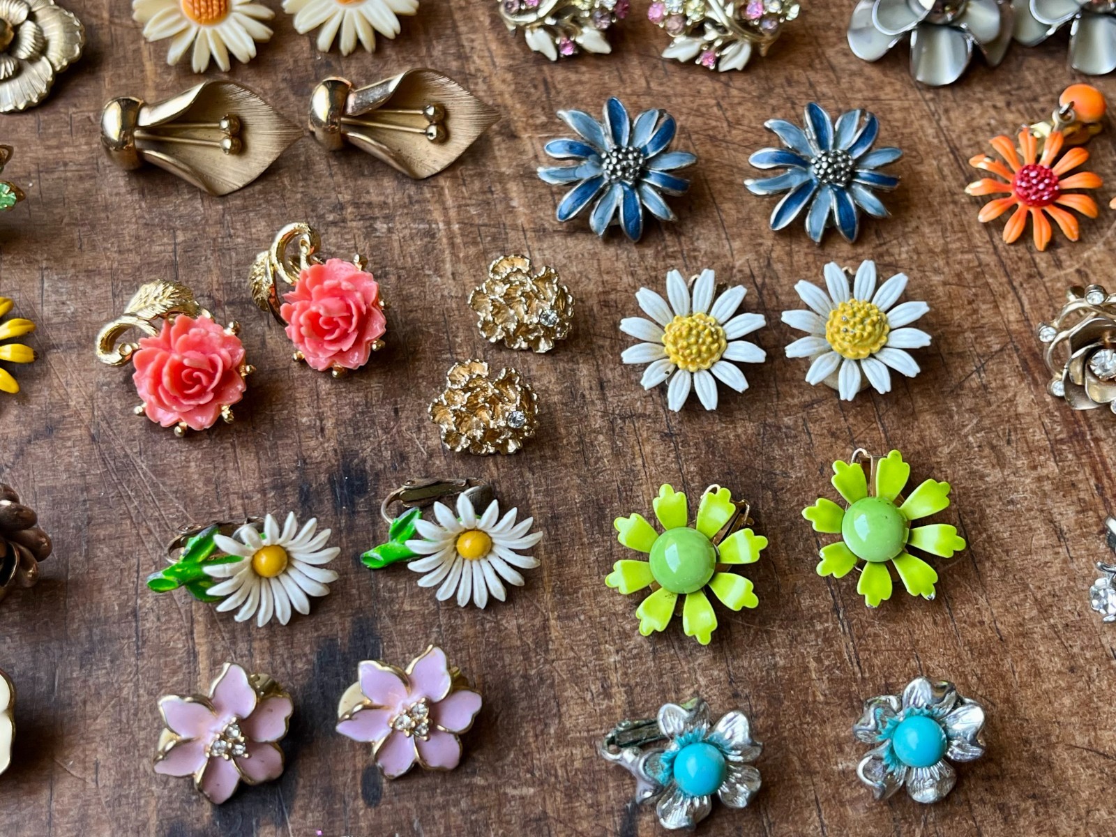 Huge Vintage Flower Earring Pairs Lot Enamel Rhinestone Coro Avon W Germany Etc.