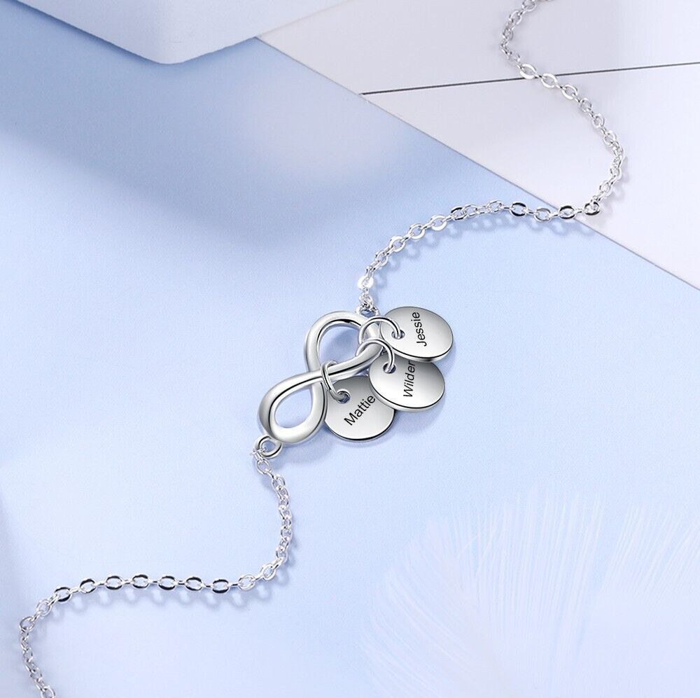 Mother’s Day Infinity Anklet With 3 Custom Engraved Name Charms 925 Sterling