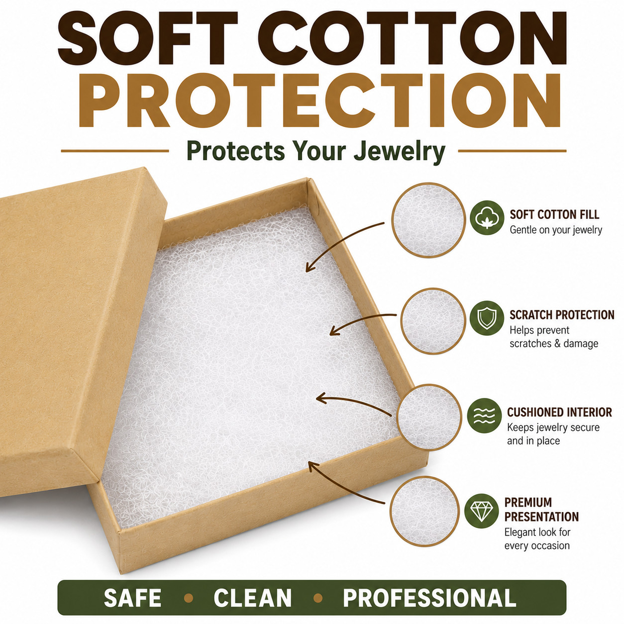 100 Natural Kraft Jewelry Gift Boxes Cotton Filled 3.5″ x 3.5″ x 1″
