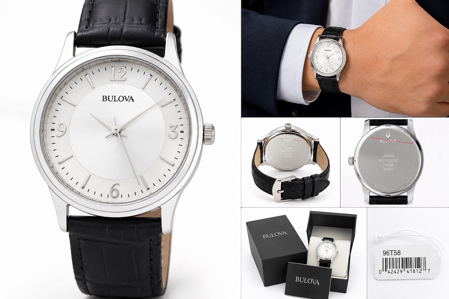 Bulova Men’s Quartz Silver Dial Black Leather Strap Water-Resistant w/Box
