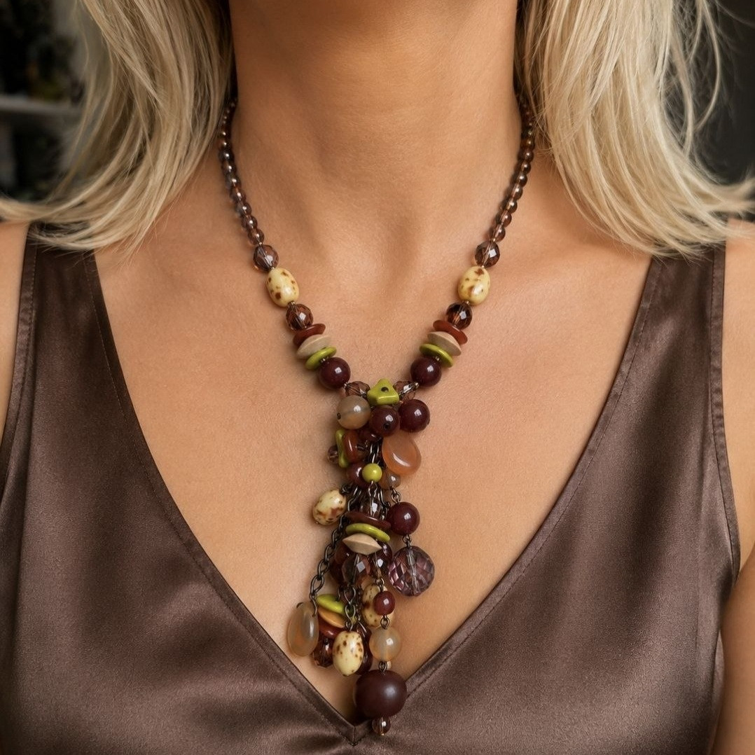 Necklace 16″ Brown Tone Glass Czech Vintage Beads Women’s Jewelry Art Deco Style