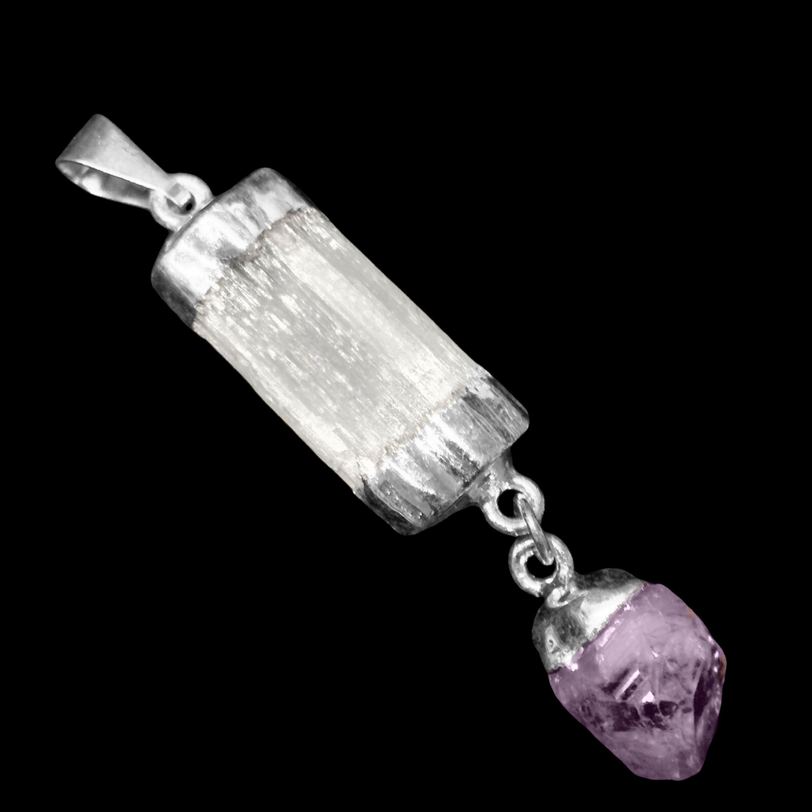 Selenite Amethyst Chakra Crystal Pendant CHARGED 925 Sterling Silver Necklace He